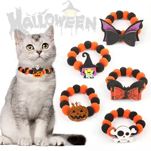Halloween Cat Dog Collars Pompom Pet Neck Accessories Spider Pumpkin Ghost Pet Choker Halloween Costumes Outfits for Puppy Kitten Cat Dog