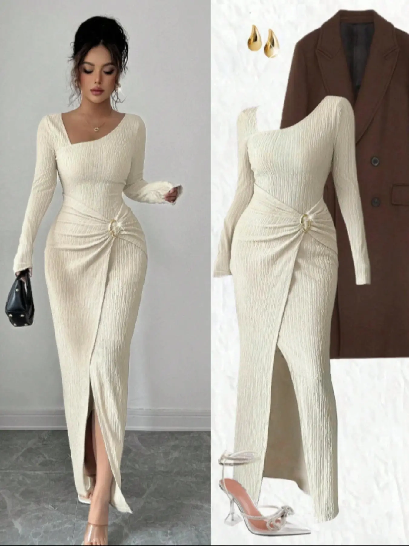 Women's Solid Color Twisted Long Dress, Elegant Asymmetric Neckline Long Sleeve Knitted Texture Fitted Bodycon Slit Design Dress, Elegant Formal Fall Winter, Elegant Cocktail Dress, Elegant Evening Wear