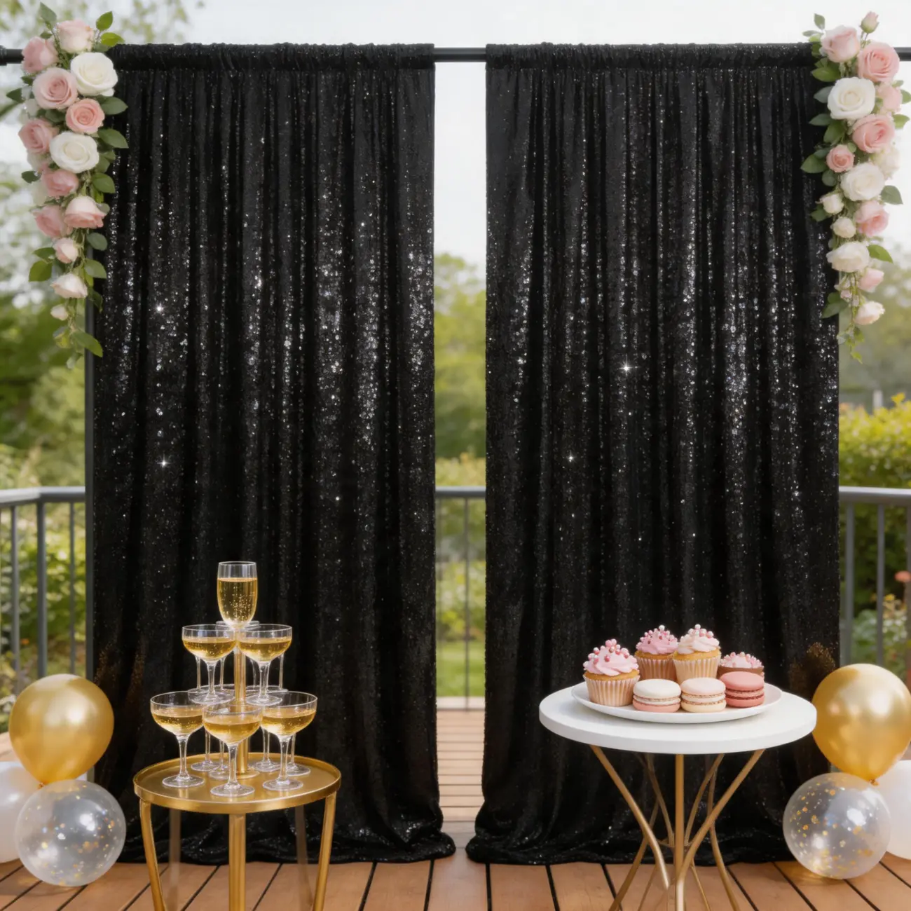 2-Piece Round Black Glitter Sequin Backdrop Curtain (4x8FT) with Rod Pocket Top, Luxe Flash Effect Fabric, Party Decor Prop for Gothic Events, Baby Shower, Photo Studio, Window & Wall Decor