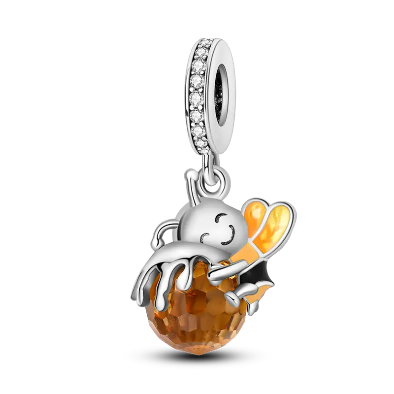 MULA Luminous Bee Charm for Women, 925 Silver-Plated Pendant with Amber Honey Pot & CZ, Cute Animal Jewelry Gift, Fits Pandora Bracelets, Luminous Design, Great Gift