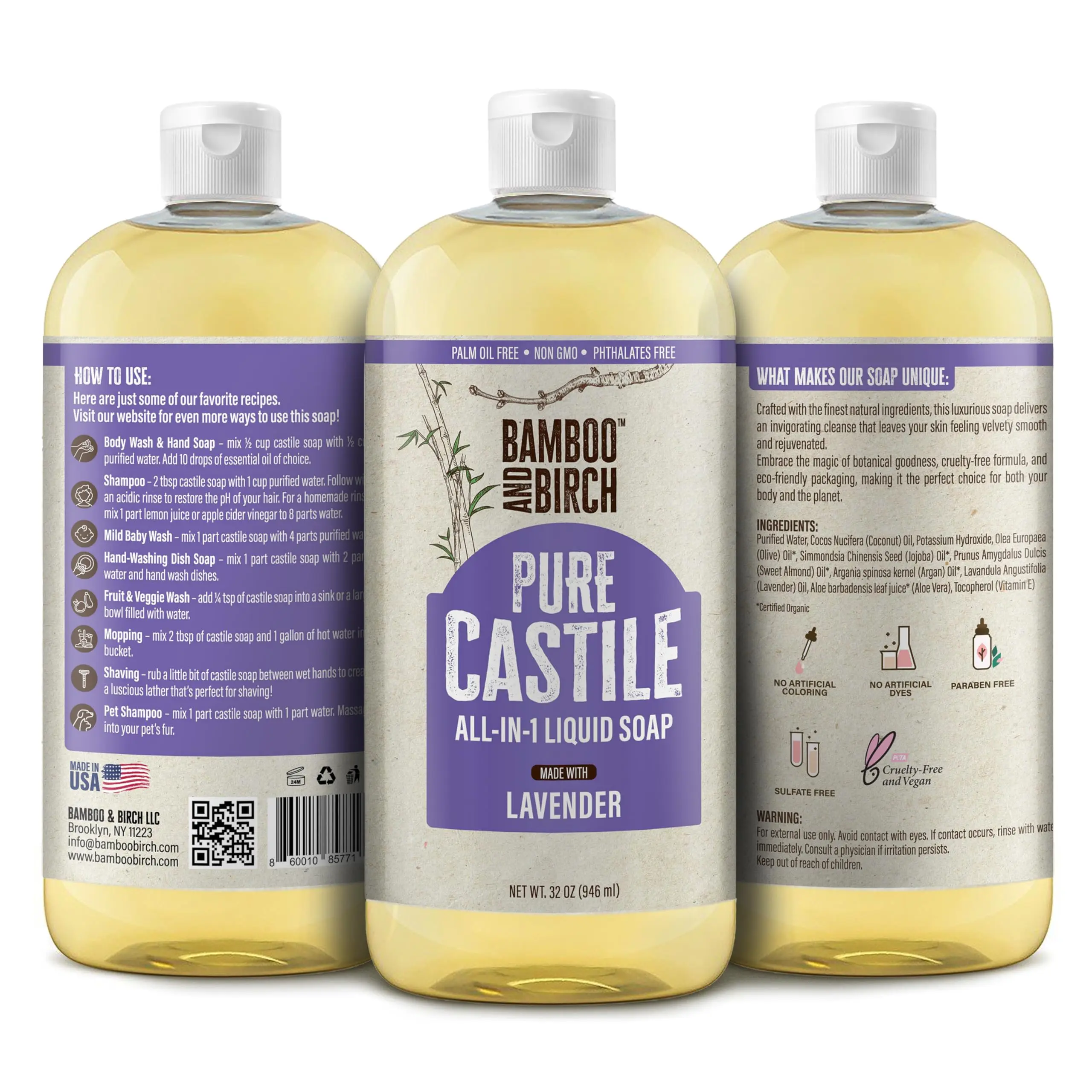 BAMBOO AND BIRCH Pure Castile Soap Liquid Organic, EWG Verified & Certified Palm Oil Free Natural Soap Body Care Cleansing