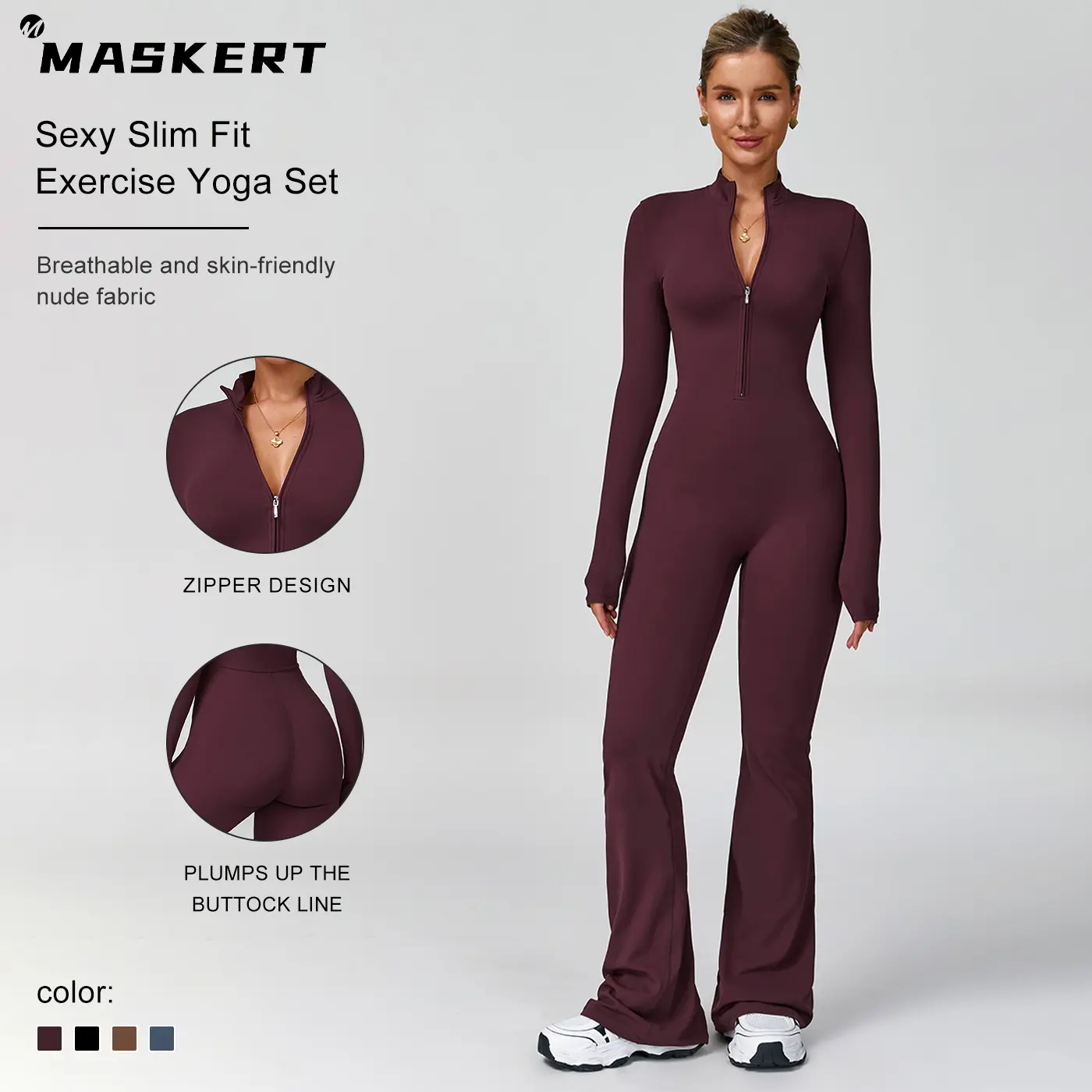MASKERT Women's Long-Sleeved Stretchable Jumpsuit, Comfortable Skin-Friendly Activewear for Workout Gym, Sports Clothes, Workout Gym Clothing, tiktokshopbacktoschool