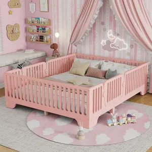 Full Size Bed Frame with High Fence Rails, Wooden Full Platform Bed Frame with Detachable Door & Slats, Low Profile Beds for Bedroom, No Box Spring Needed, Pink