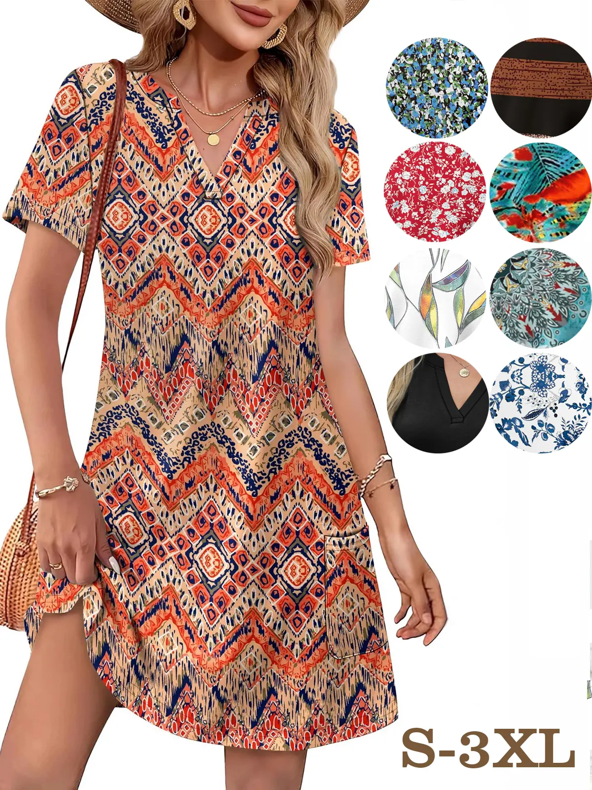 HUOHULI Women's Chic Bohemian Floral V-Neck T-Shirt Dress, Casual Short Sleeve Mini Sundress with Pockets for Beach Wear