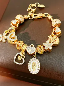 Rhinestone Heart Flower & Jesus Cross Charm Bracelet, Flower Design Bracelet, Detachable Key Lock Pendant, Religious Faith Jewelry, Gift for Her, Rhinestone Decor Bangles