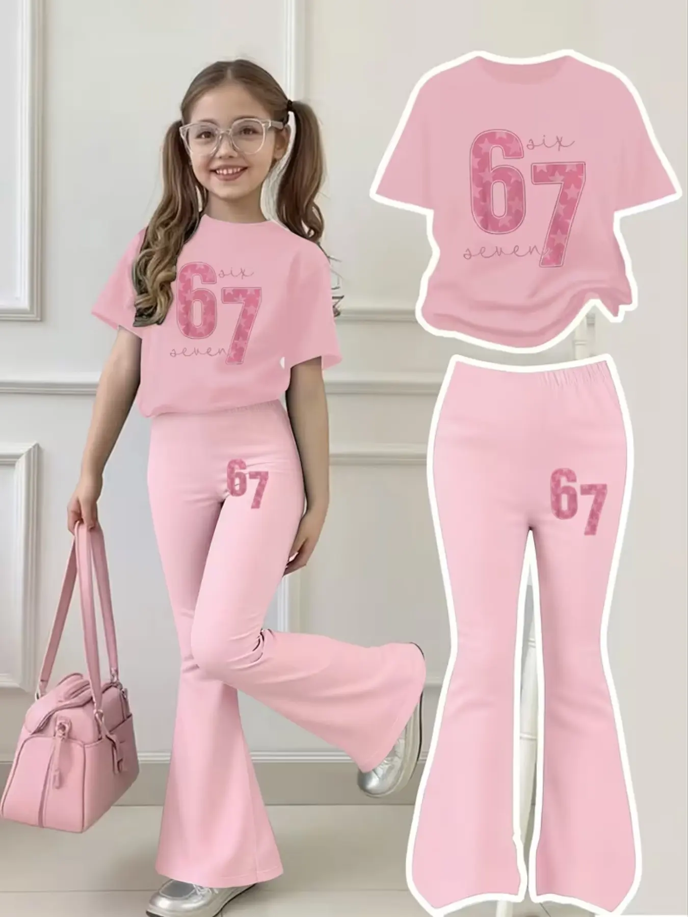 Spring Summer Girls' Casual Fashion Set, 2-Piece, Short Sleeve T-Shirt + Bell Bottoms, Perfect for Festivals and Parties, Graphic Print Set, Tee Pants Set