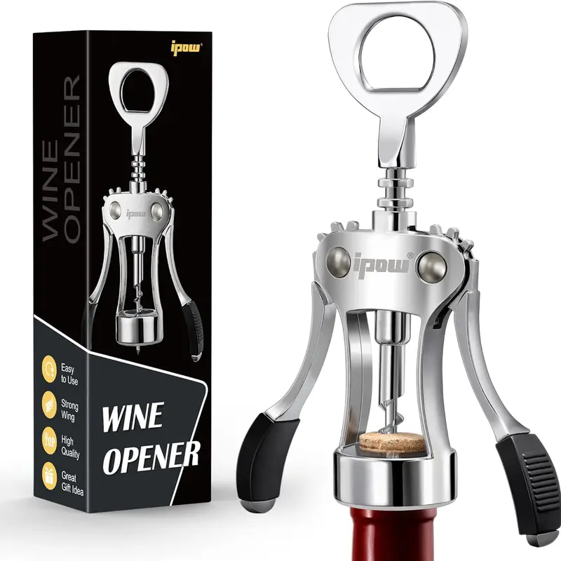 ipow Sturdy Zinc Alloy Heavy-Duty Manual Wine Bottle Opener - Single Unit Corkscrew, Durable, Non-Slip, Manual Lets You Open with Ease, Silver Kitchen Utensil (No Magnets) with Liquor Decanter, Drinkware & Stylish Flask