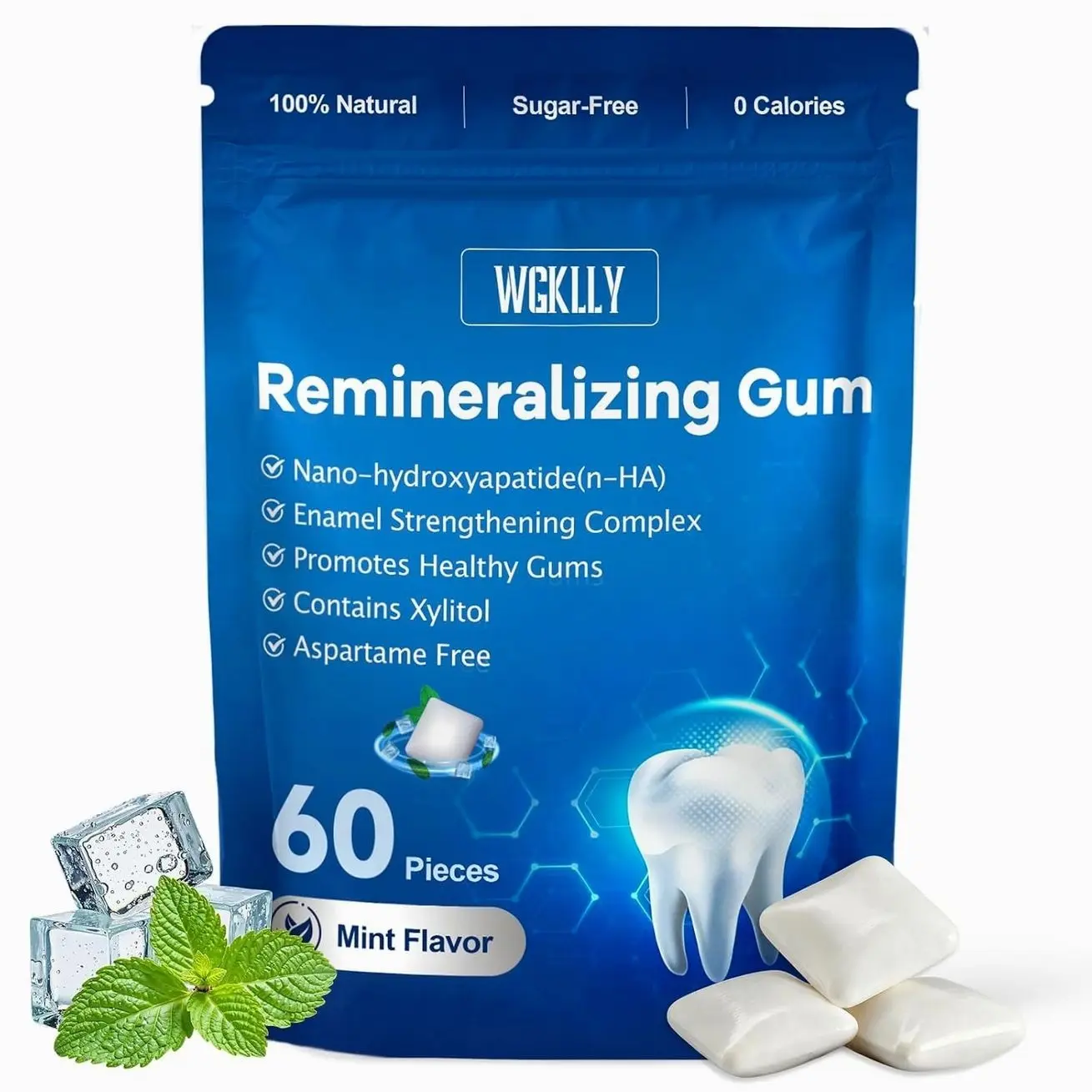 Remineralizing Gum with Nano Hydroxyapatite,Smooth Xylitol Gum Mint Long-Lasting Sugar-Free Gum Hydroxyapatite Gum for Tooth Remineralization and Fresh Breath No Aspartame Plastic-Free 60 Pieces