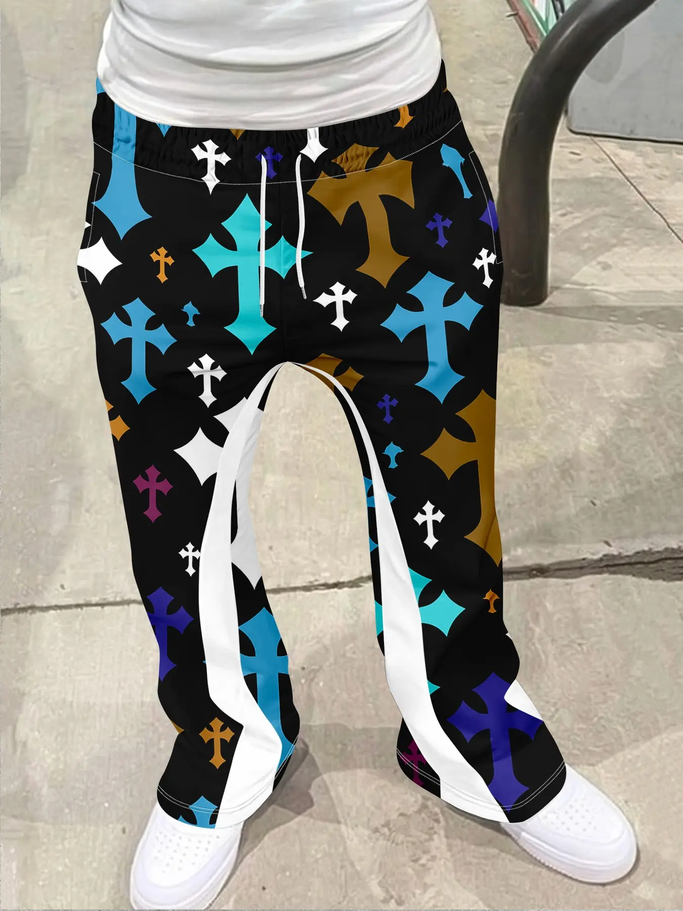 Multi colored cross pattern casual pants, graffiti style, retro flared pants for men and women's street style, sports pants, Athleisure Pants, Athleisure Bottoms, pants, perfect gift for trendy clothing