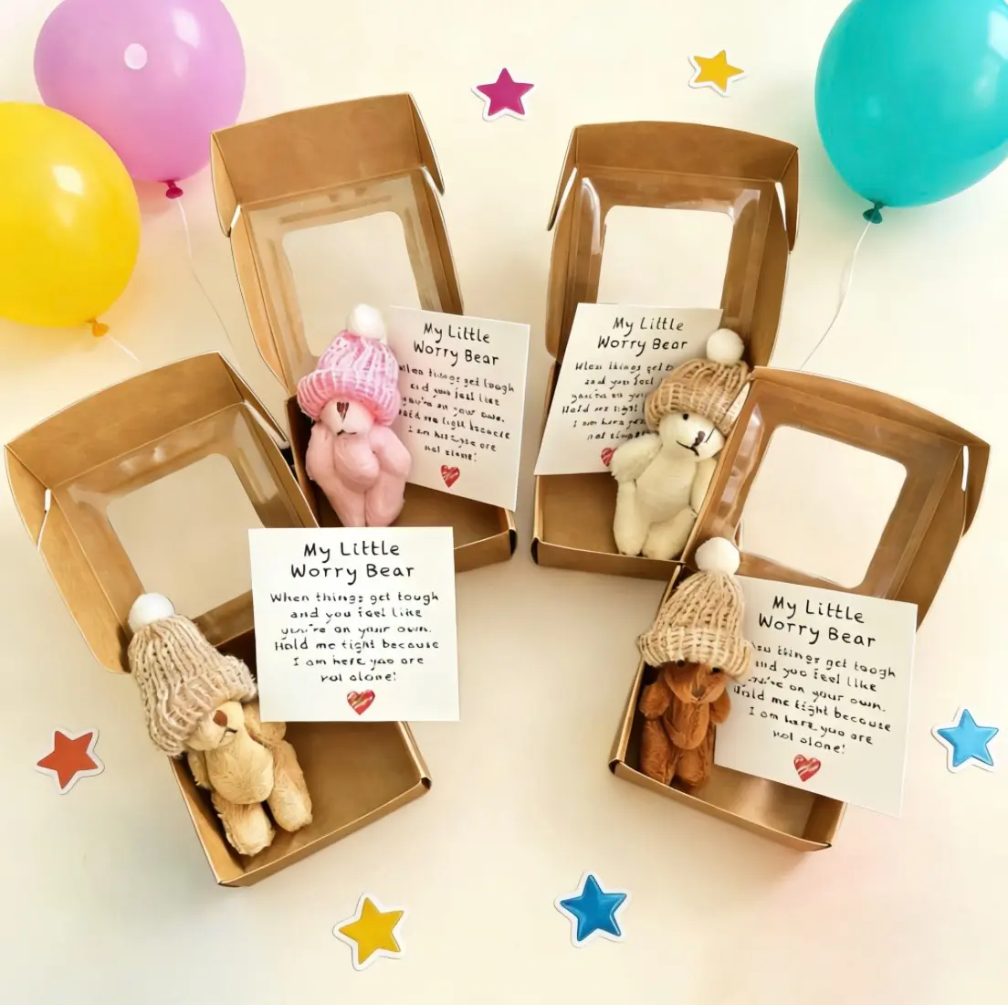 Little Bear in Box, 4 Mini Plush Bear Set with Card, Sympathy & Encouragement Gift for Exam Season, Graduation & Daily Support，Ideal Christmas, Valentine's & Mother's Day Gift