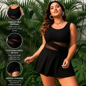 Women's Plus Size Black Mesh Cutout Tummy Control Skirted 1-Piece Swim Dress with Built-in Briefs for Beach, Pool Vacation