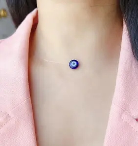 Blue Evil Eye Necklace, Dainty Nylon Choker, Adjustable Invisible Evil Eye Necklace, 14–16 inch Stainless Steel Clasp
