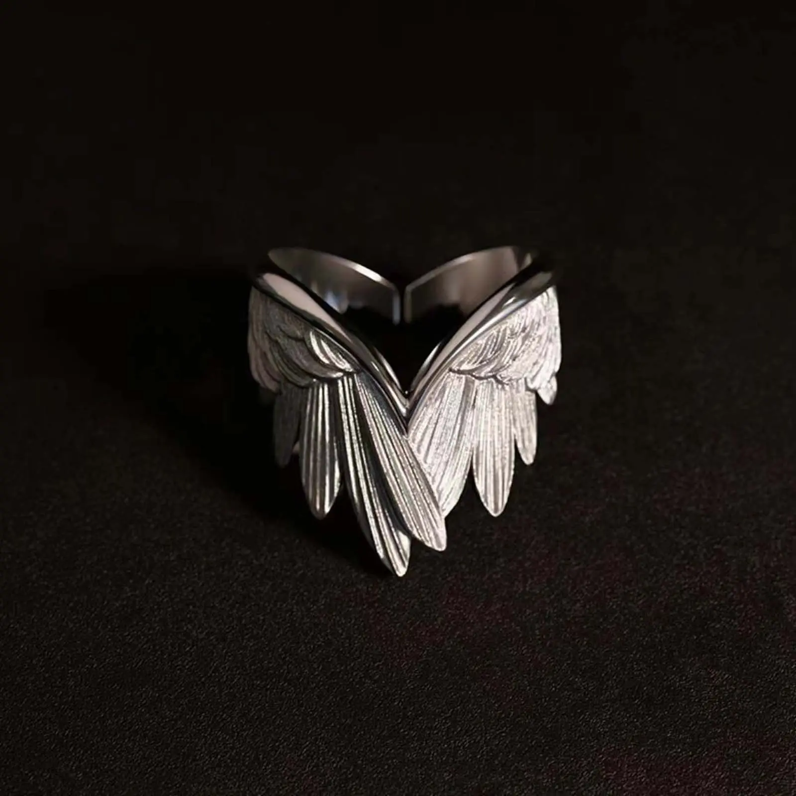 Minimalistic Angel Wing Statement Ring, Unisex Matte Brushed Finish, Adjustable Open Band for Daily Wear - Thoughtful Gift, Fashionable Jewelry, Casual, Angel Wings, Feather Detail Art, Wing Form