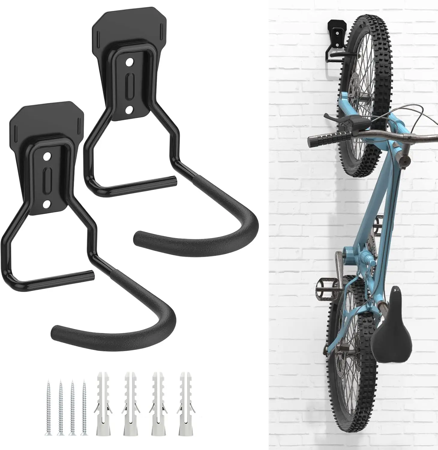 Moko Bike Wall Mount with Fixed Hook, [2 Pack] Heavy Duty Bike Storage Rack, Bike Rack Vertical Stand for Garage - Easily Hang/Detach - with Screws Iron Bike Hanger Brackets