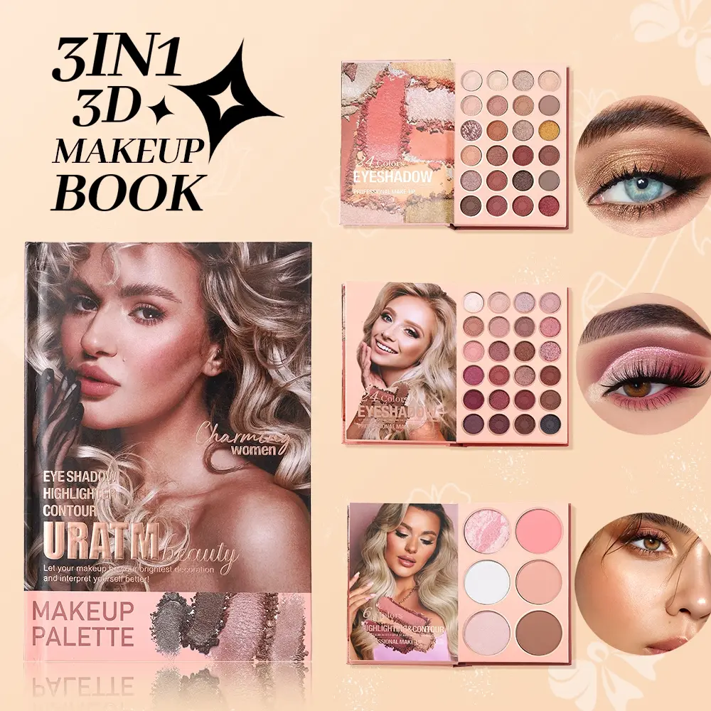 Three Tier Flip Page Makeup Book, Sleek Cosmetic Palette with Eyeshadow Palette, Blush, Highlighter, Bronzer/Contour, Compact Travel Friendly Beauty Makeup Palette Set, Gift for Women Teens, Highlighters Makeup, Makeup Gift Sets