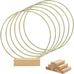 6 Pack 8 Inch Floral Hoop Centerpiece for Wedding,  Metal Rings with Wooden Stand - Table Decor, Wreath Decor for Wedding, Party, Wall Hanging (20cm Hoop, 3.15in Base)