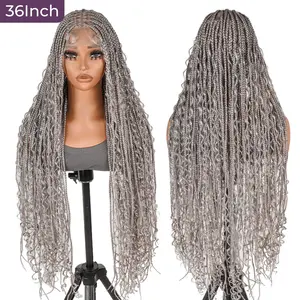 SuperNova #Gray 36" Full Lace Bohemian Box Braided Synthetic Wig, Premium Quality, Lightweight, Ideal for Stylish Hair Transformation