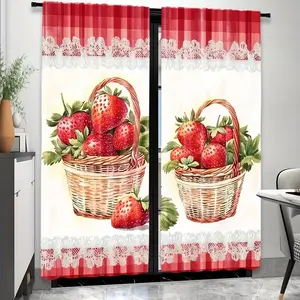 Strawberry Basket Print Curtains Set, Fashionable Rod Pocket Window Drapes for Bedroom & Living Room, Comfortable Atmosphere, Easy Installation