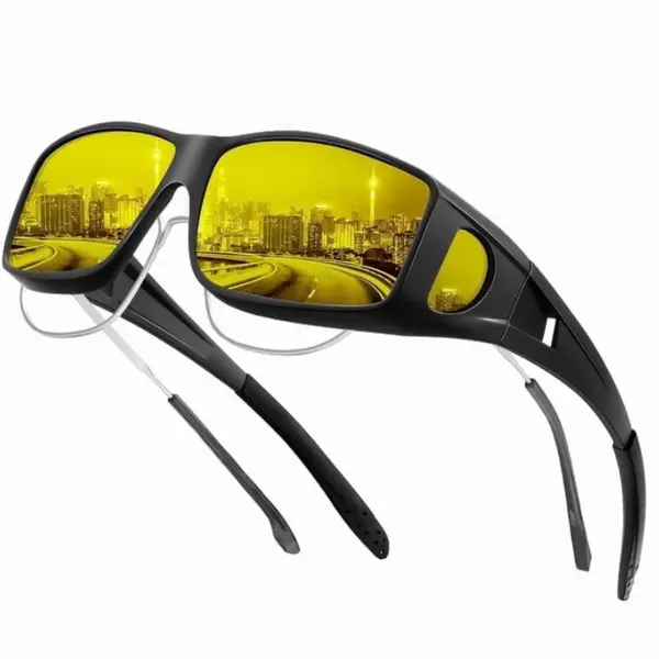 Men's Oversize Wrap-Around Night Driving Sunglasses, Fit Over Prescription Eyeglasses, Gloss Black Frame, Yellow HD Anti-Glare UV400 Windproof Night Vision Shades for Car Driving