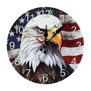 American Bald Eagle and US Flag Wall Clock - Silent Patriotic Decor, Vintage Style Wooden Clock for Man Cave, 4th of July, 250th Anniversary, Battery not included, assembly required