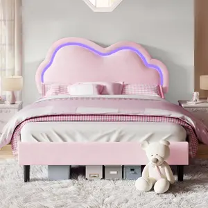 Amerlife Unique Bed Frame, Modern Velvet Upholstered Platform Bed with RGB Lights, Cloud Curve Adjustable Headboard, No Box Spring Needed, Easy Assembly, Ideal Christmas Gift, Bed Frames