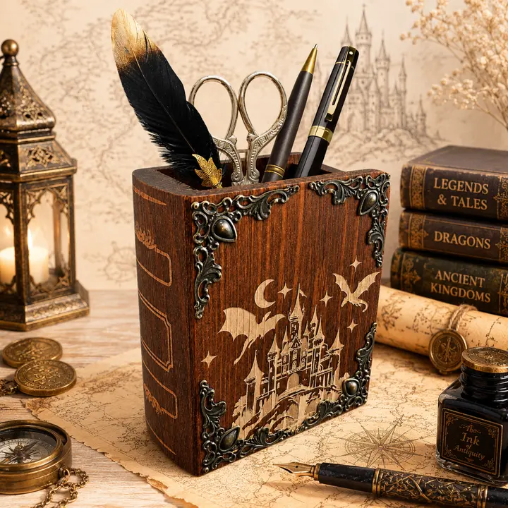 Personalized Fantasy Pen Holder – Wooden Dragon & Castle Desk Organizer