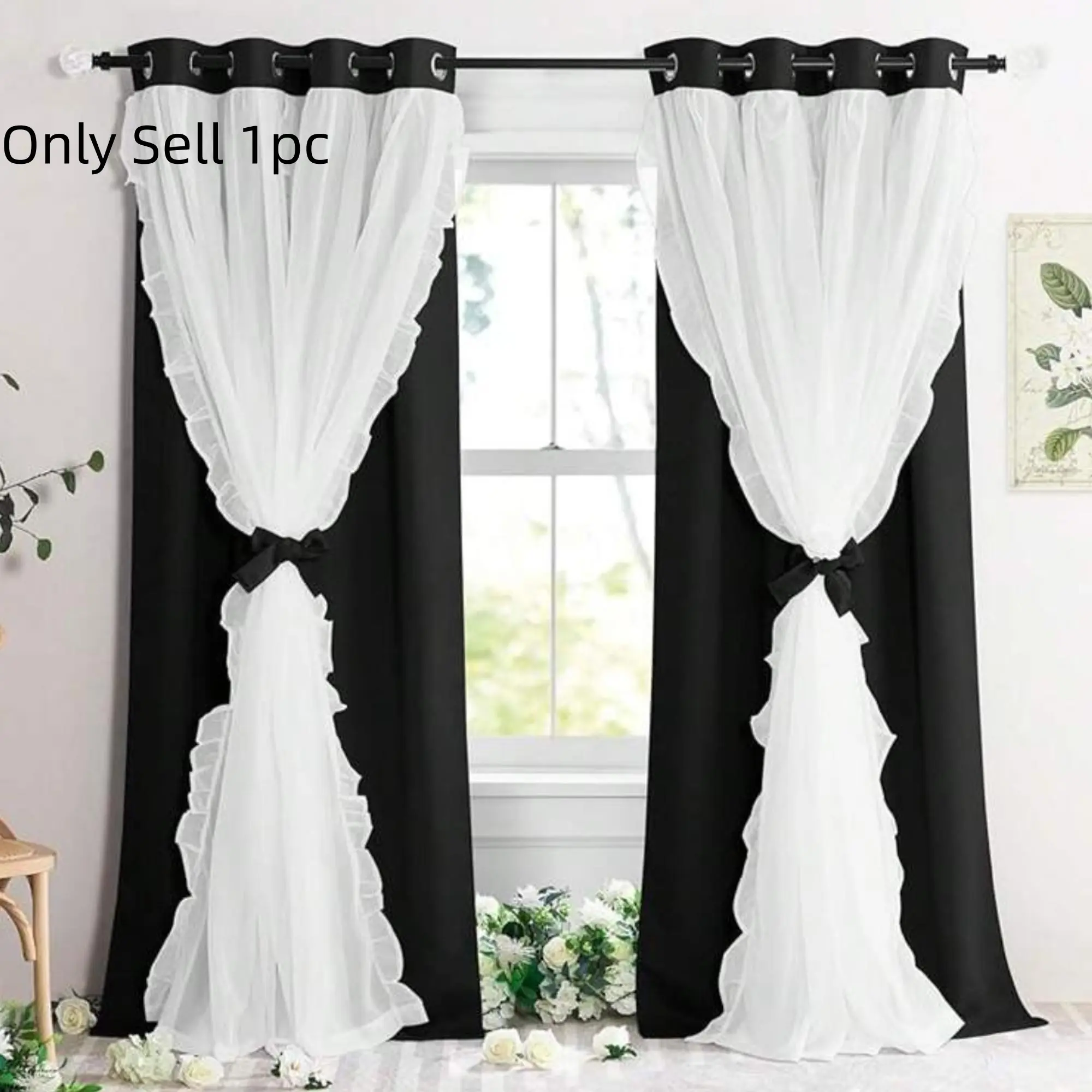 1 black lace-designed blackout window curtain, Thermal insulated curtain, for children, suitable for bedrooms, featuring blackout eyelets, heat insulation, and UV protection, Window Drapes, Blackout Curtains, Blackout Window Cover