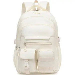 Cute Backpack for Teen Girls Boys, Aesthetic Travel Bookbag for High Middle School College Student (Beige)