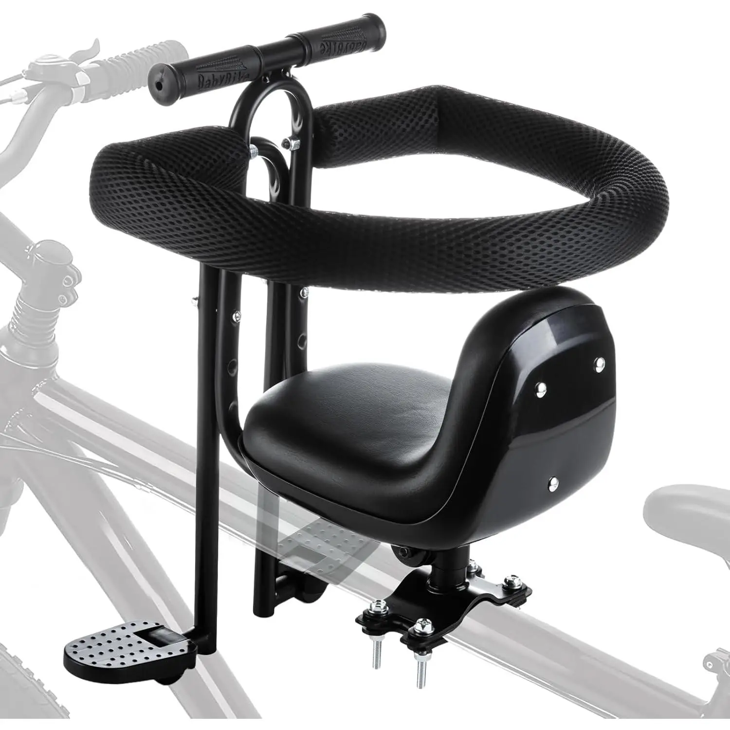 Front-Mounted Bicycle Baby Seat for Mountain Bikes, Passenger Carrier with Armrests, Foot Pedals, Guardrail, Bike Seat Cushion, Angle-Adjustable, Detachable, Fits 2-4 Ages (Up to 45lbs), 1.18-2in Standard Crossbars