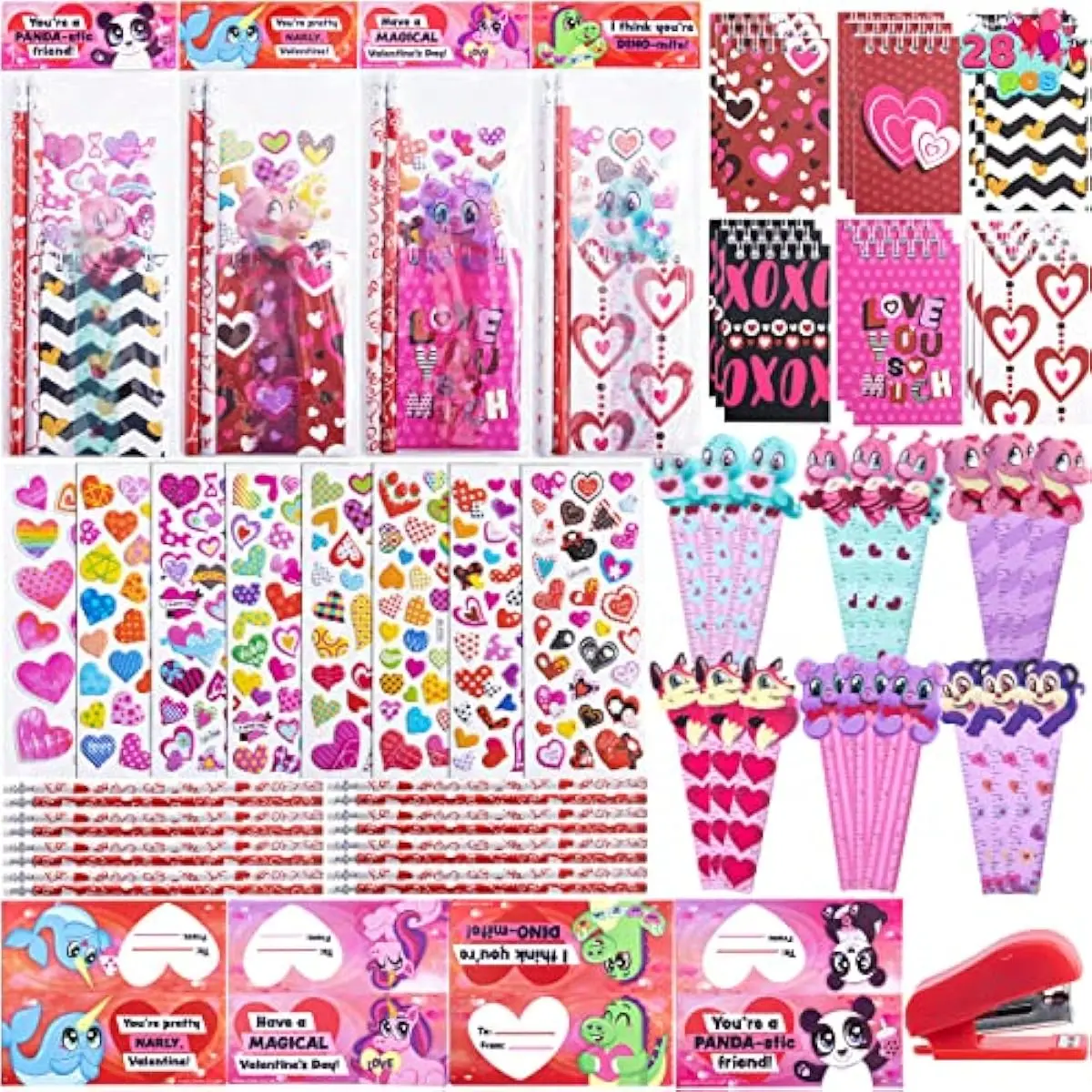 28 Packs Valentine's Day Stationery Set with Gift Card for Kids, Includes Pencils, Rulers, Notebook and Stickers for Classroom Exchange Party Favors Supplies