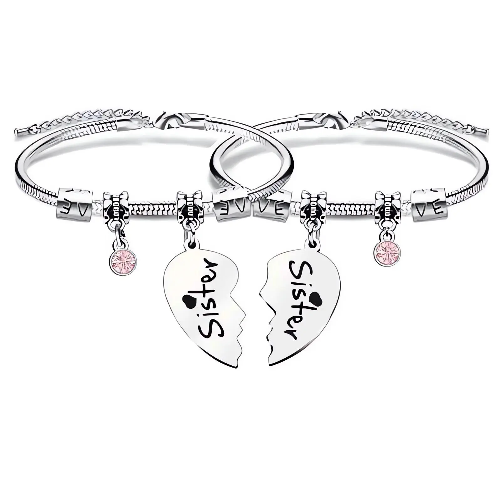 Female Fashion Sister-Theme Matching Stainless Steel Split Heart Bangle Bracelets, 2-Piece Big Sis Lil Sis Charm Set, Birthday Gift Ideas