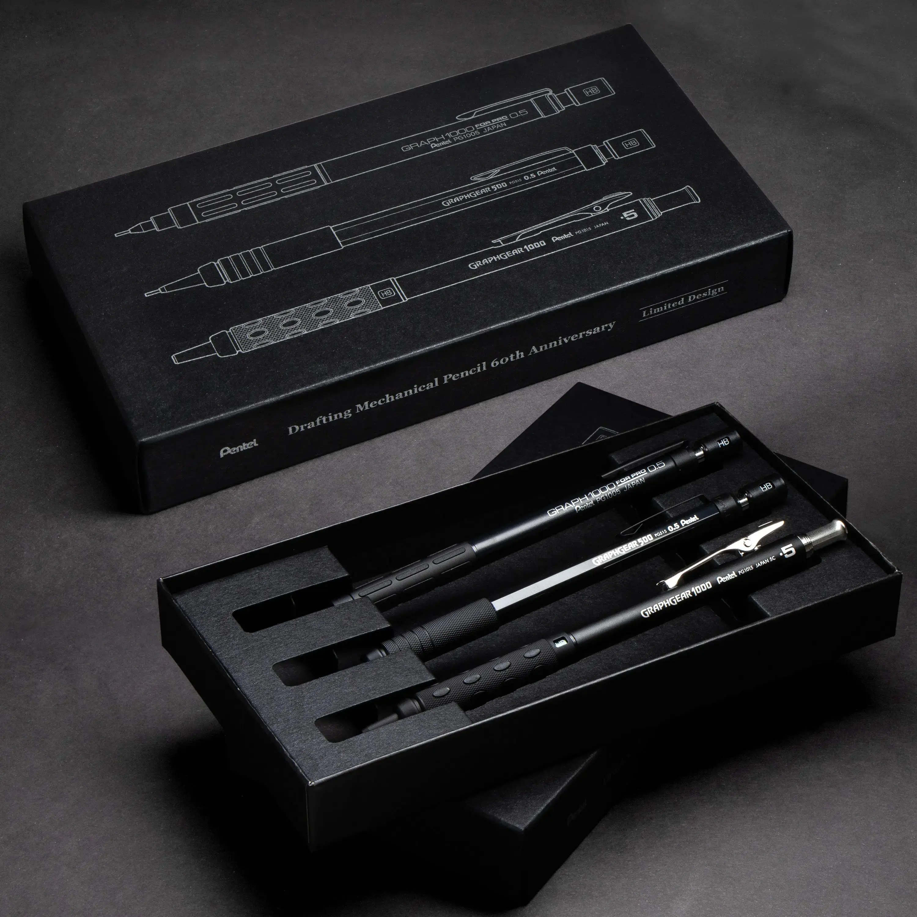 Pentel GraphGear/Graph Black Edition Mechanical Drawing Pencils - 60th Anniversary Limited Edition Collector Set, Office Stationery Writing Tool