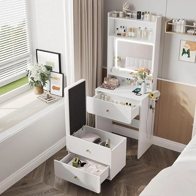 [SummerVibes] Vabches Make Up Vanity Desk with Mirror and Lights, White/Pink Vanity Table Set with Charger Station,Girls Small Vanity