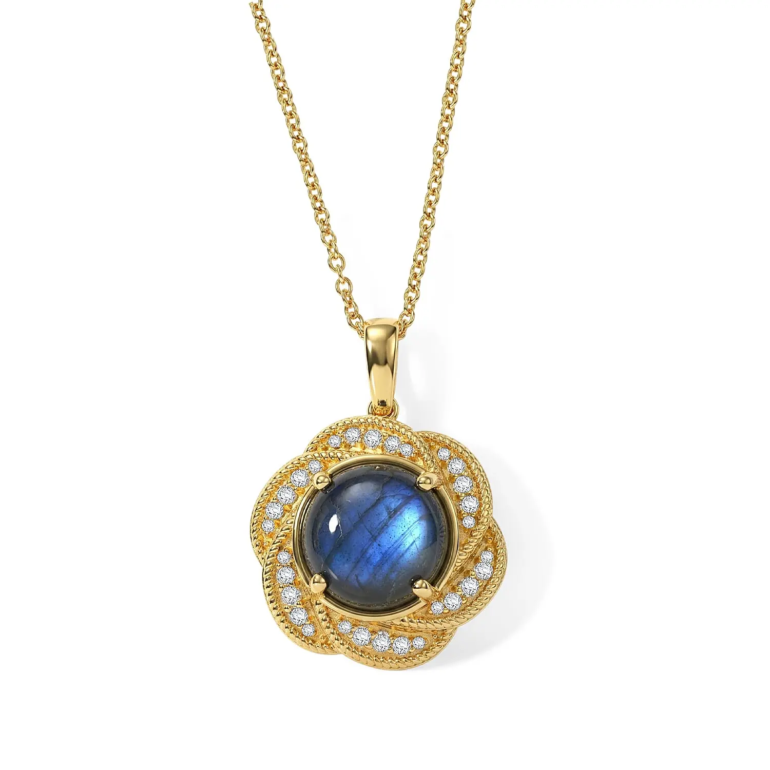 EverTrue AAA Malagasy Labradorite, White Zircon Pendant in 18K YG Plated with ION Plated YG Stainless Steel Necklace (20 Inches) 7.65 ctw