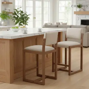 CHAIRUS 26" Counter Height Bar Stools Set of 2, Mid Century Barstools,Linen Upholstered Kitchen Island Chairs with Backrest and Solid Wood Frame, Open Back Bar Chairs with Footrest for Home Pub Kitchen, Beige