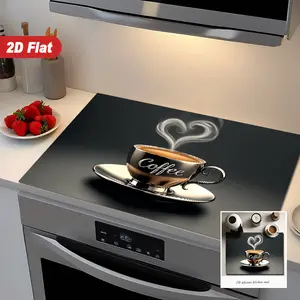 1pc 2D Flat Coffee Cup with Heart Steam Stove Protection Mat Suitable for Stove, Induction Cooker, Ceramic Stove, Prevent Scratches. Multifunctional Stove Cover. Easy to Clean. Heat-resistant. Beautiful Home Kitchen Decoration, 2D Flat