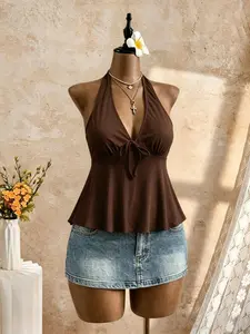Women's Fashion Halter V-Neck Ruffle Top, Front Tie Sleeveless Vest, Flowy Ruffle Hem, Sexy Back Bow, Casual Summer Beach Wear