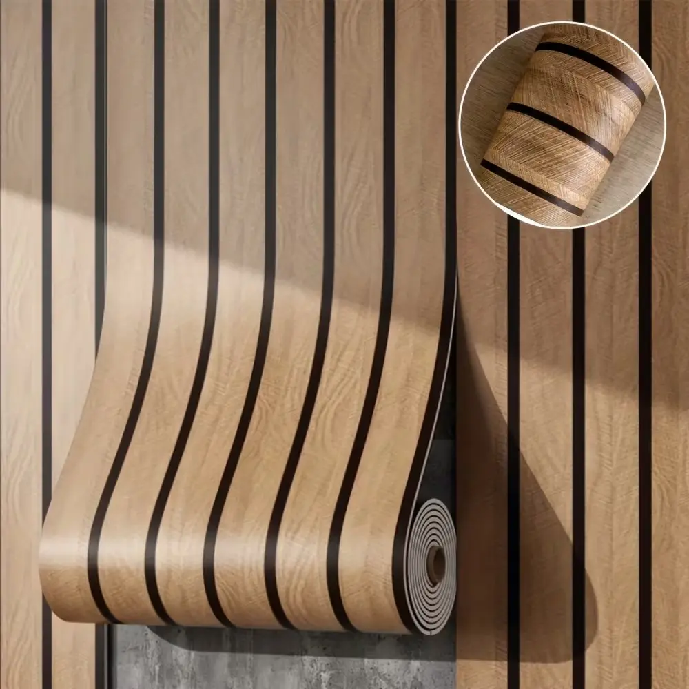 Self-Adhesive Wood Grain Striped Decorative Wallpaper Roll, Thick Grid Straight Texture, Easy Peel & Stick Modern Home Decor, Wallcovering for Room Decoration