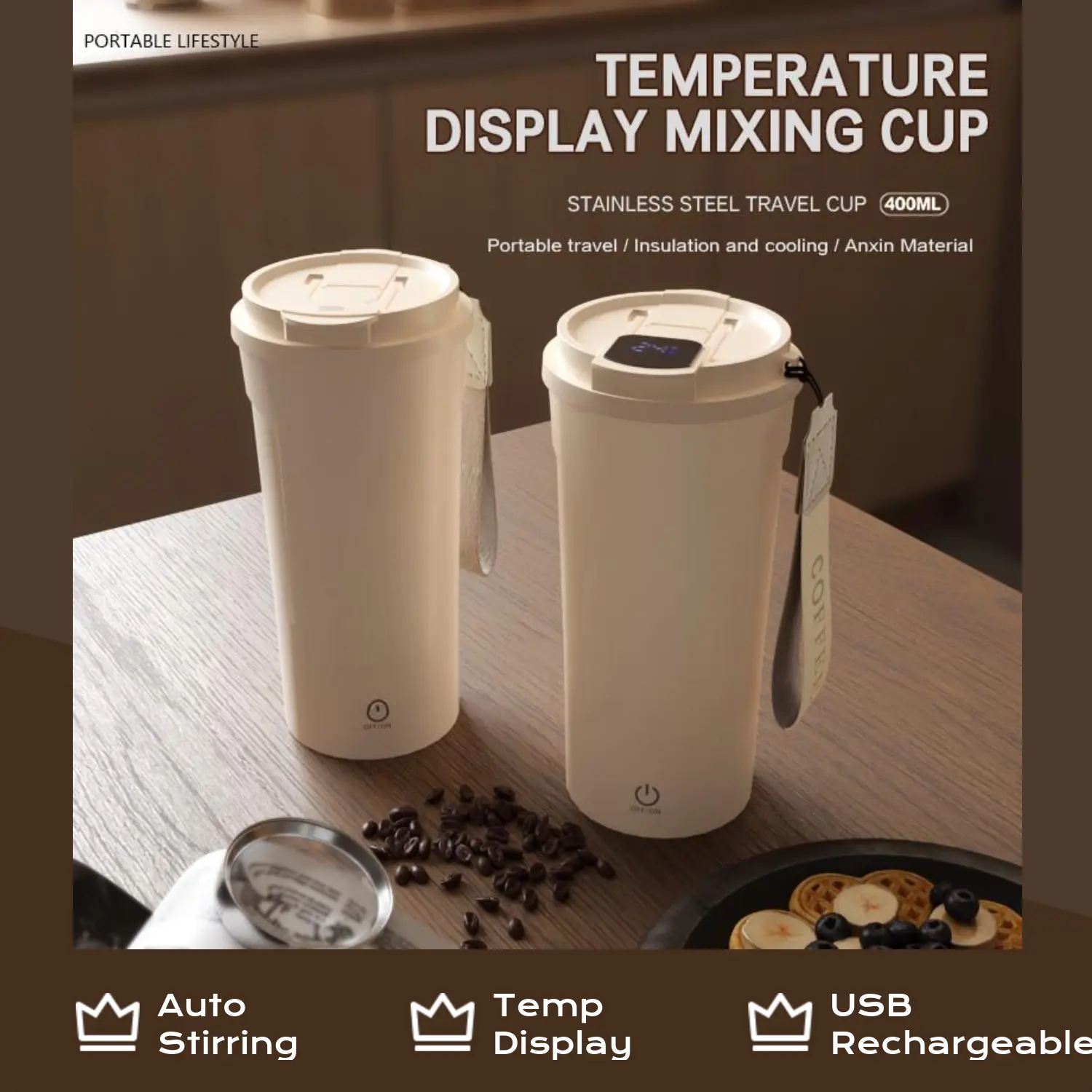 2026 New Beige Portable Insulated USB Rechargeable Auto-Stirring Tumbler Mug - Food-Grade Material, Temperature Display, Lightweight Lid - Coffee/Tea/Drink Sports Water Bottle for Outdoor Travel, Car Use