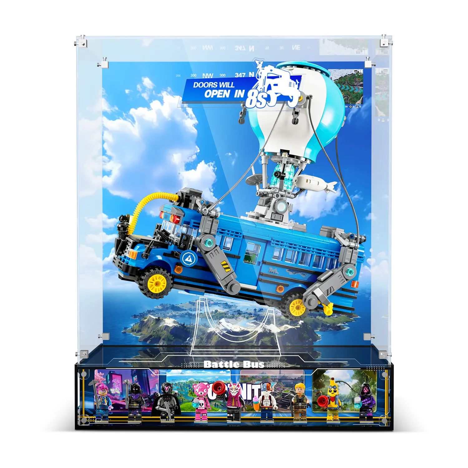 Display Case for 77073 Battle Bus Fortnite Printed Background Art Crystal Clear Acrylic High Quality Protection Easy Assembly Great Gift