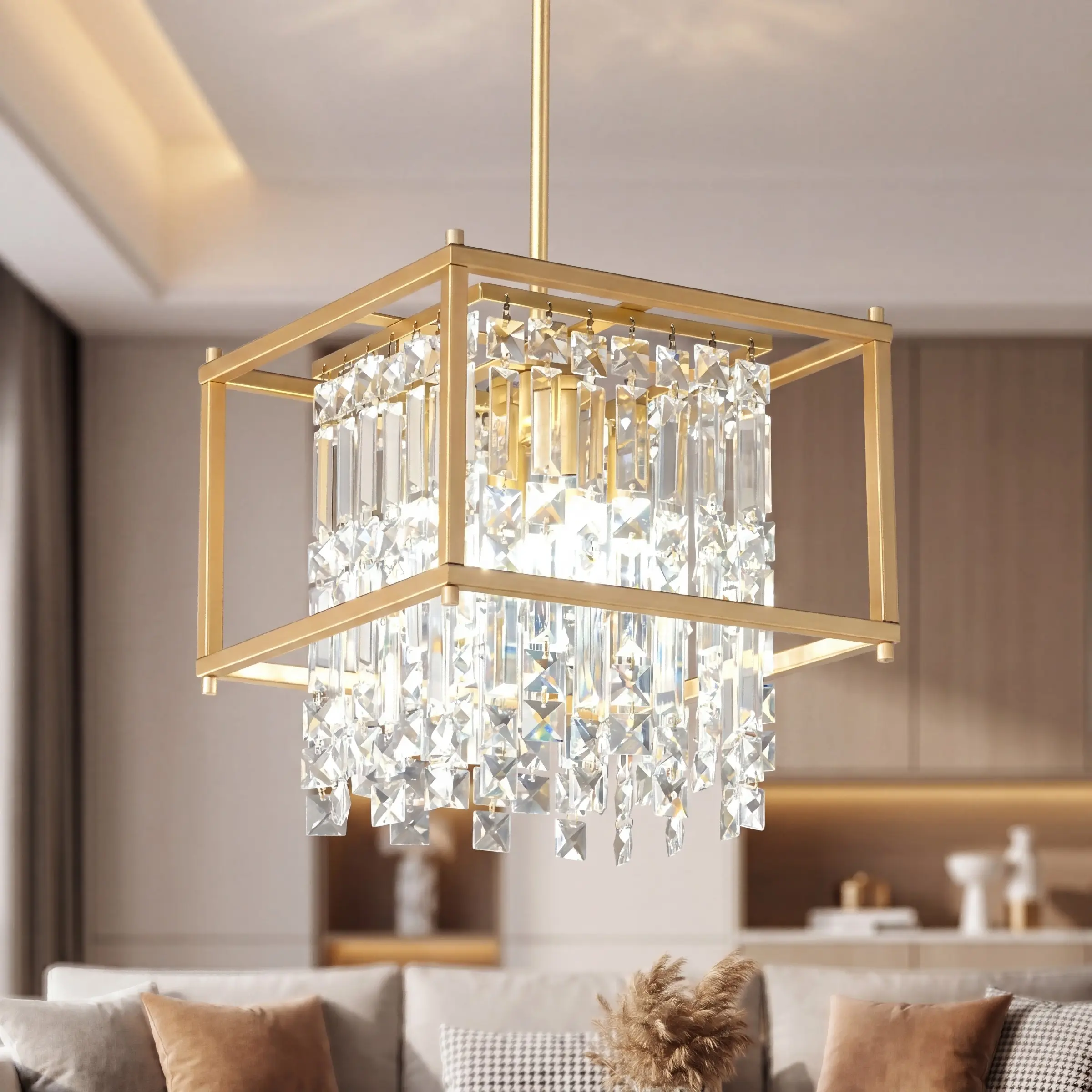 Modern Gold Square Crystal Chandelier, Ceiling Lights, Adjustable Height Dimmable K9 Crystal Pendant Light, 4-Light Fixture for Kitchen Island Dining Room Hallway Foyer, E14 Base, Bulbs Not Included