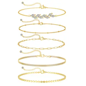 FUNSANNY 5pcs E Newton Stack Bracelets For Women Gold Beaded Bracelet Set Dainty Stackable Women's Chain Bracelet Pack Stack Gifts for Christmas