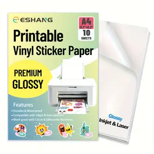 ESHANG 10 Sheets A4 Glossy Vinyl Sticker Paper, 8.3x11.7 Inches, Compatible with Inkjet Printer, Self-Adhesive & Waterproof, DIY Crafts, Vinyl Decal Sticker