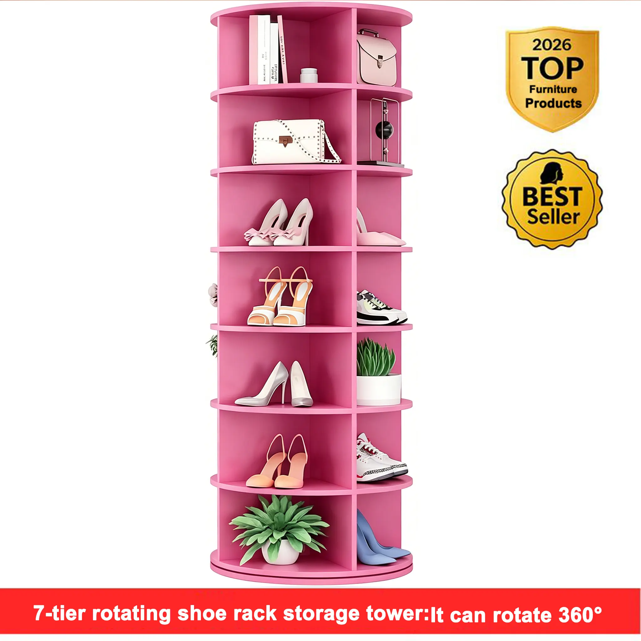 7-Tier Rotating Shoe Rack, 360-Degree Lazy Susan Carousel Organizer Tower for 28-32 Pairs, Round Storage Cabinet for Shoes & Handbags, Home Organizer for Closet, Bedroom (Pink)