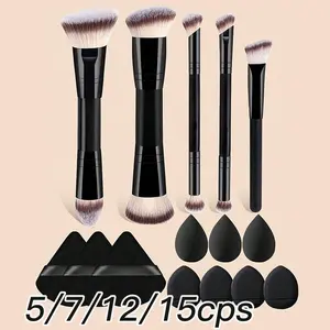 5/7/12/15pcs Makeup Brush Kit, 5 Makeup Brushes + 10 Powder Puffs, High-End Dual-Head Multi-Functional Face Makeup Brushes, Soft Fiber Hair