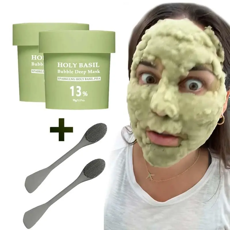 Holy Basil Bubble Deep Mask – Holy Basil & Carbonated Water for Cleansing Pores & Blackheads, Suitable for All Skin Types, Vegan Clay-to-Bubble Wash-Off Mask (90g / 3.17 oz) korean face pack Green Cooling Cleansing Mud Mask