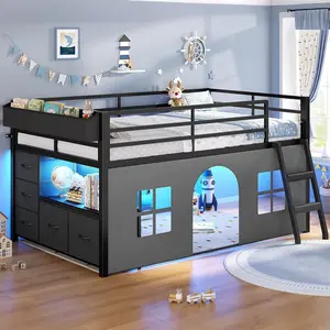 Sikaic Low Loft Bed Twin Size with Tent, 5 Storage Drawers, LED Lights, Metal Kids Loft Bed with Bookcase & Under-Bed Play Space, Twin Loft Beds with 13.8''H Safety Guardrail, Inclined Ladder