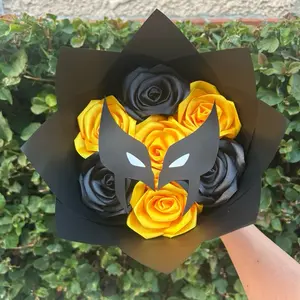 Superhero Bouquet - 7 Rose Ribbon Bouquet with Black and Yellow Roses, Decorative Black Design Artificial Flowers