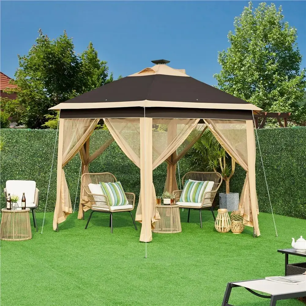 13x13 Pop-up Gazebo Tent with Mesh Netting Sides, 25 Solar LED Lights, 3 Height Adjustable Features & Storage Bag