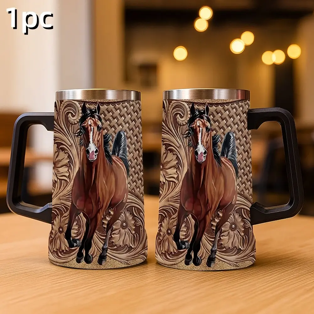 1pc 24oz Portable stainless steel insulated travel mug with vivid running horse print on tooled leather background, rustic cowboy aesthetic, office or on the go, Insulated tumbler, Insulated Drinkware